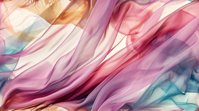  a close up of a woman's face with a pink and blue dress blowing in the wind in front of her.