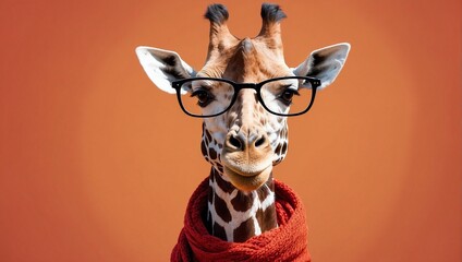 Giraffe wearing black framed glasses and scarf on an orange background. Generative AI