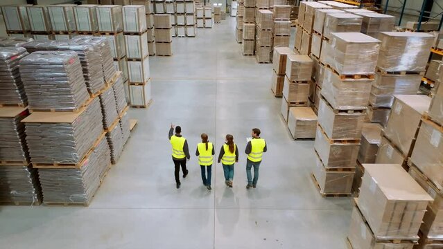 Top view of full team of warehouse employees walking in warehouse. Team of workers, managers, female director in modern industrial factory, heavy industry, manufactrury.