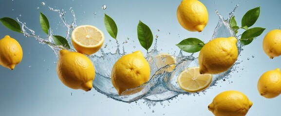 Citrus Splash: Juicy Lemons in Flight with Water Splashes on Light Background. Generative IA
