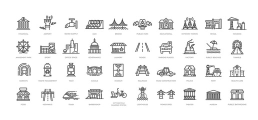 Set of line icons related to public infrastructure. City elements - obrazy, fototapety, plakaty