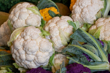 Organic cauliflower with white textured florets and cheddar orange color forming heads of the...