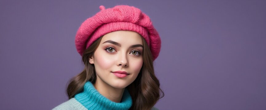 Stylish Young Woman in Pastel-Toned Beret and Wool Hat, Generative IA