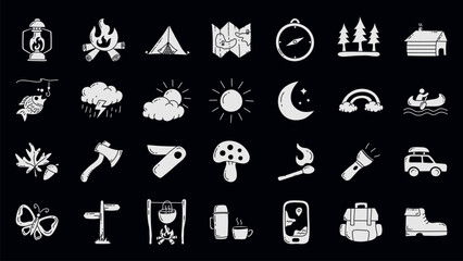 Hand drawn camping and outdoor doodle icon collection. Camping and outdoor doodle elements vector illustration.