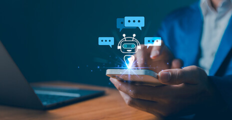 AI generated artificial intelligence chatbot, humans use AI technology enter command prompt for generate, Business person chatting with a smart bot developed, Futuristic technology transformation.