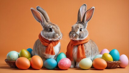 Fototapeta na wymiar Easter bunnies, with colored eggs and orange scarves. Generative AI