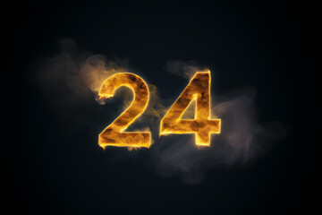 Firey 3D render of the year number 24 isolated on a solid black background