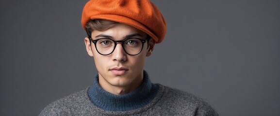 Young Man's Trendy Look with Glasses, Sweater, and Beret on Gray. Generative AI - obrazy, fototapety, plakaty