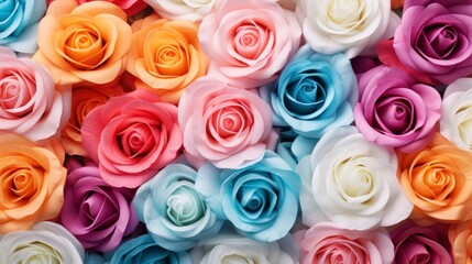 Red, orange, pink, white and blue roses wallpaper. Bright colorful bouquet floral horizontal photo. Floral shop or flowers delivery concept. International women's day