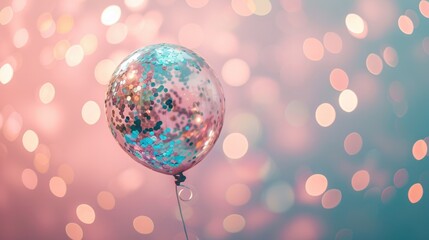  a close up of a pink and blue balloon on a string with a blurry background of pink and blue circles.