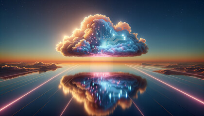 Translucent cloud of circuit patterns and binary code in serene skyscape.
