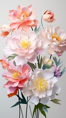 Beautiful summer floral banner. Pastel and soft white and pink flower bouquet, vertical photo, wallpaper. Floral shop or flowers delivery concept