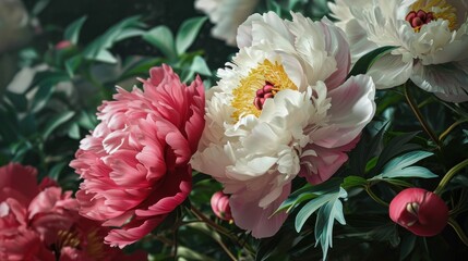 a close up of a bunch of flowers with leaves in the foreground and a few pink and white flowers in the background.