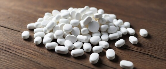 Scattered white pills on wooden table, close up view. Healthcare and medicine. Generative AI