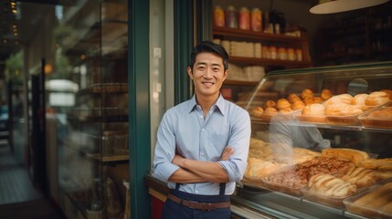 Asian middle age male standing in front of bakery