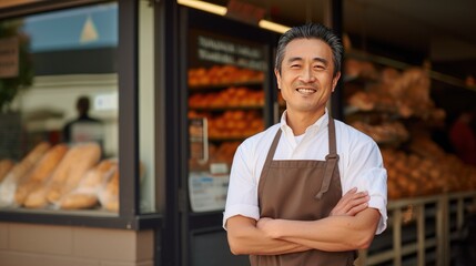 Fototapeta premium Asian middle age male standing in front of bakery