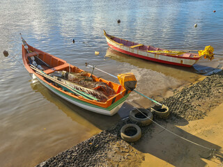 Artisanal fishing boats moored in a river - obrazy, fototapety, plakaty
