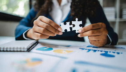 Businesswoman's hand assembles jigsaw puzzle on desk, symbolizing strategy, success, and problem-solving in business