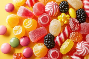 Aerial view of a colorful candy assortment on a bright background.