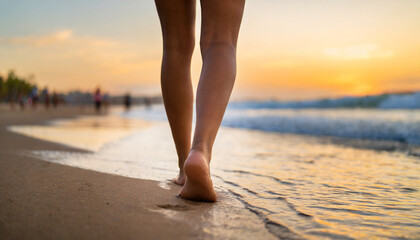 Closeup of woman's feet on sandy beach at sunset, evoking travel, relaxation, and summer vibes - obrazy, fototapety, plakaty