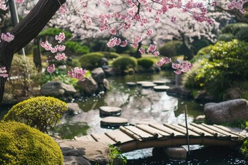 Blooming cherry blossoms in a serene Japanese garden