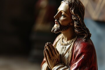 Close-up of a Jesus Christ figurine in prayer, focusing on the expression of faith and spiritual...