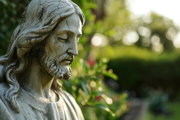 Close-up of a Jesus Christ statue in a garden, natural and serene setting
