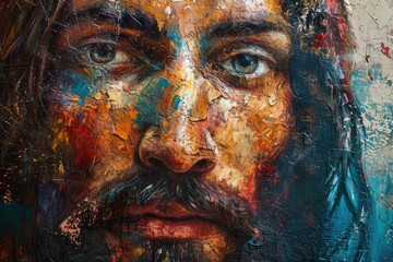 Close-up of Jesus Christ in a modern abstract painting, thought-provoking and spiritual.