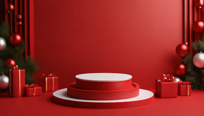 Minimal abstract podium on vibrant red backdrop, perfect for Valentine's and Christmas product showcases