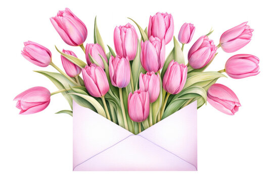 Envelope with spring tulips on white background