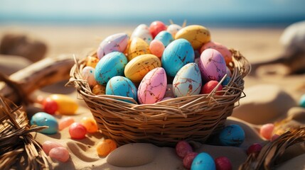 Fototapeta na wymiar basket with colorful easter eggs on sandy beach.