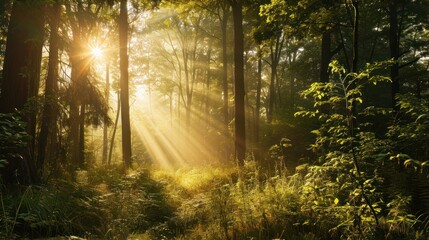  the sun shines through the trees in a forest filled with tall green grass and tall, leafy trees.