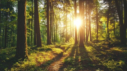 Obraz premium the sun shines through the trees in a forest with a dirt path in the foreground and grass in the foreground.