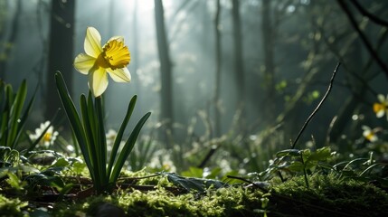  a single daffodil in the middle of a forest with moss growing on the ground and trees in the background.