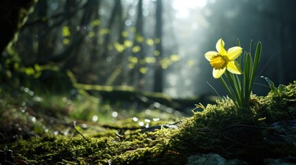  a single yellow flower sitting on top of a moss covered ground in the middle of a forest with sunlight streaming through the trees. - obrazy, fototapety, plakaty