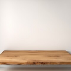 Floating wooden shelf on a white wall background