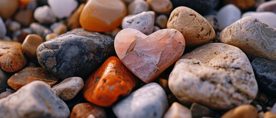Stone in the shape of a heart, surrounded by pebbles