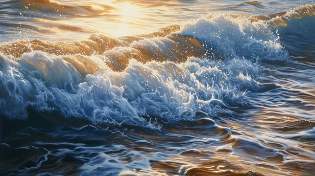  a painting of a wave in the ocean with the sun shining through the top of the wave and the bottom of the wave to the bottom of the water.