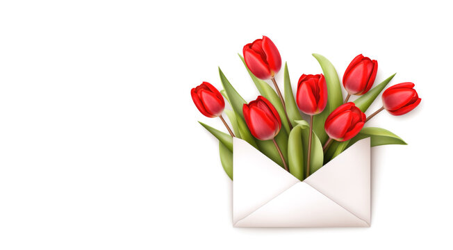 Envelope with spring tulips on white background