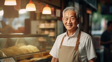 Fototapeta na wymiar Asian senior male standing in front of bakery