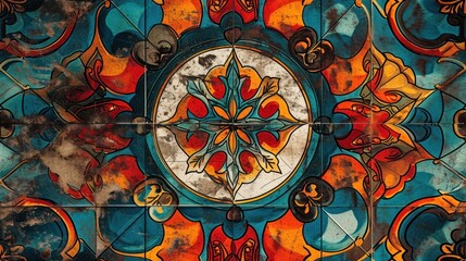  a close up of a stained glass window with a circular design in the middle of the window and a circular design in the middle of the window.