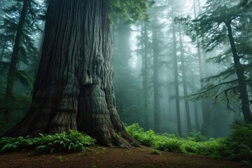 Fototapeta premium Majestic redwood tree in a misty forest Ancient