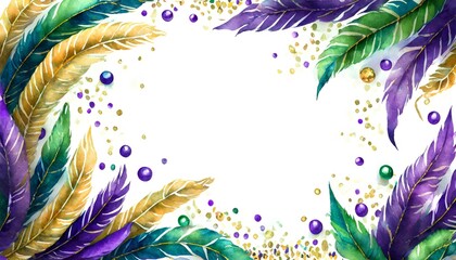 watercolor mardi gras background with feathers and beads -- copy space - obrazy, fototapety, plakaty