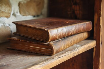 Old leather book on an antique wooden shelf Wisdom