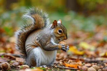 Playful squirrel nibbling on an acorn Wildlife - obrazy, fototapety, plakaty