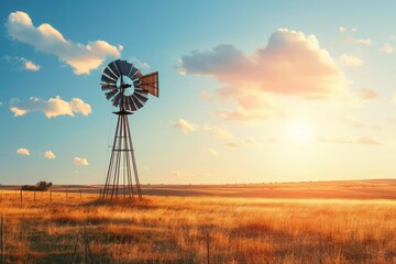 Rustic windmill on a sunny countryside field Idyllic