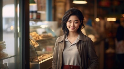 Asian young female standing in front of bakery