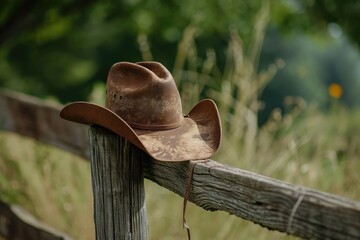 Weathered cowboy hat on a wooden fence Western vibe