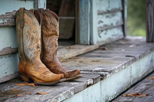 Weathered cowboy boots on a ranch porch Rural essence