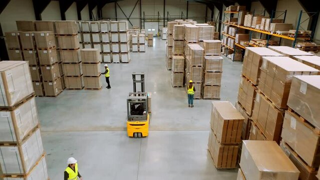 Top view of full team of warehouse employees walking in warehouse. Team of workers, managers, female director in modern industrial factory, heavy industry, manufactrury.